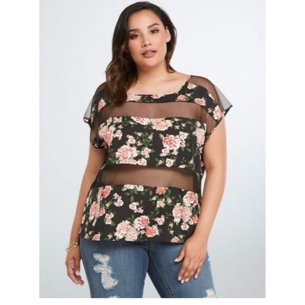 Torrid Black Floral Mesh Panel Short Sleeve Shirt Blouse Plus Size 2